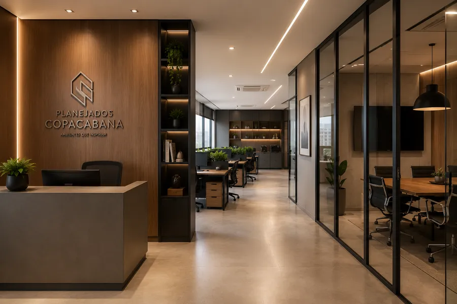 Recepção corporativa com painel de madeira, logo da empresa e mobiliário sob medida