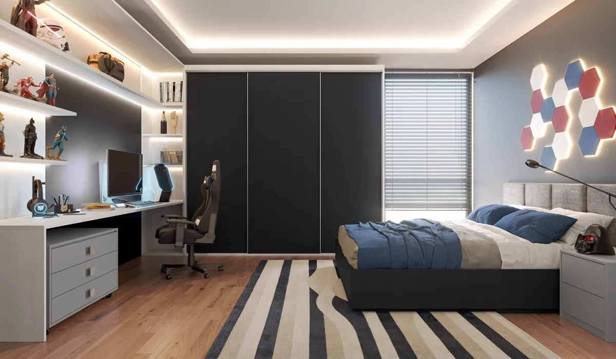 Quarto com escrivaninha planejada e prateleiras iluminadas