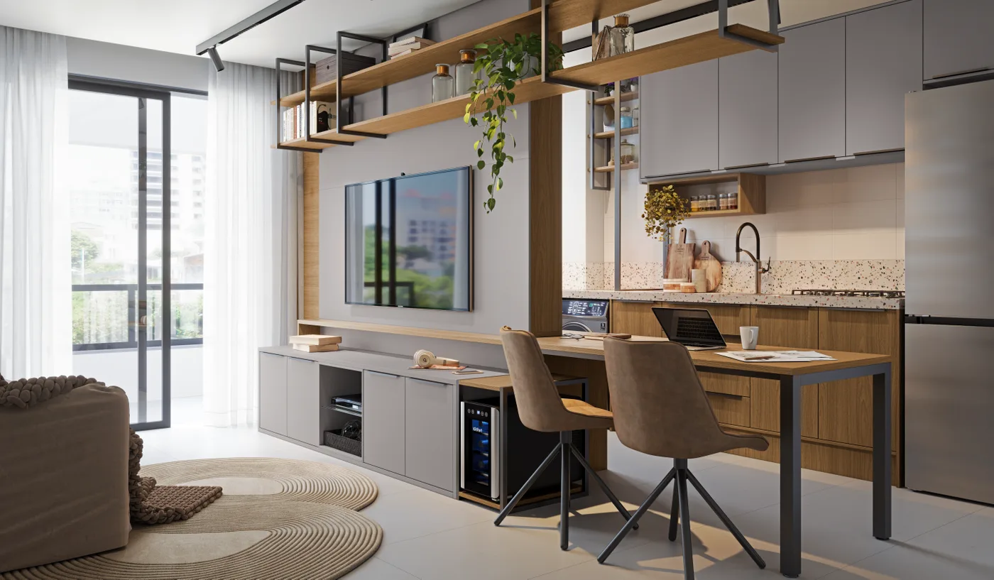 Studio compacto com cozinha, painel de TV e home office planejados integrados